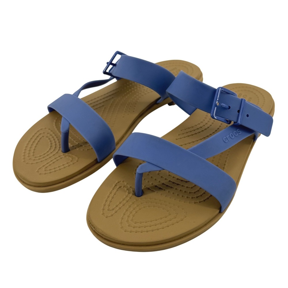 Crocs Tulum Toe Post Sandal Periwinkle Blue Tan Women 8 Buckle Strappy Flip Flop